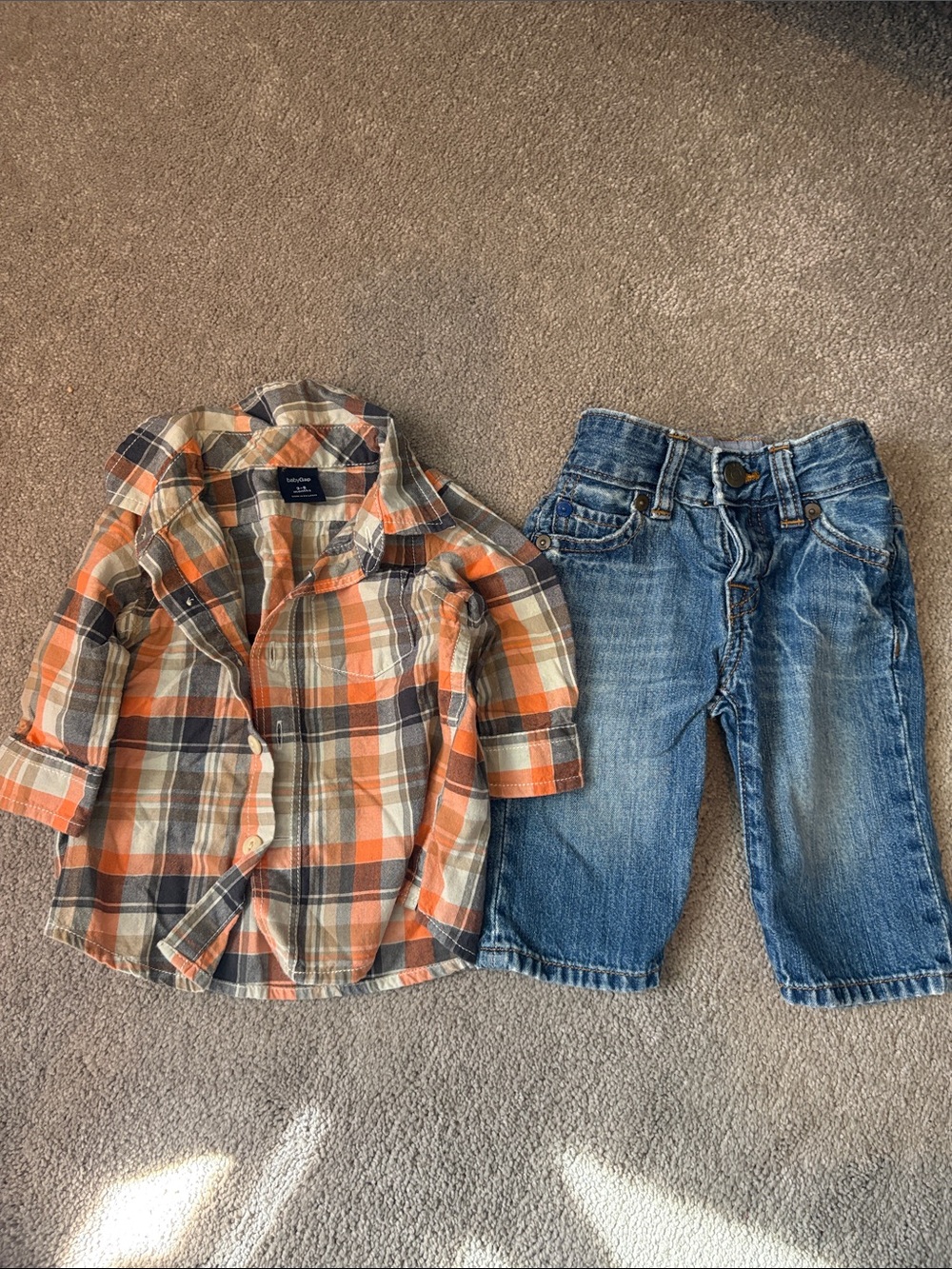 GAP Orange Plaid Button-Down Shirt with Denim Jeans